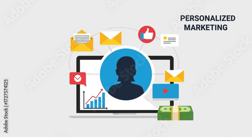 Personalized marketing strategy involving digital communication channels like email and social media, with data analysis charts and financial gains