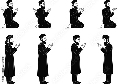 Prayer illustration, kneeling worship, standing devotion, traditional attire, cultural diversity, religious practice, spirituality, faith expression, Islamic prayer, global religion