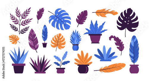 A vibrant collection of stylized potted plants and feathers in shades of blue, purple, and orange, arranged against a clean white background