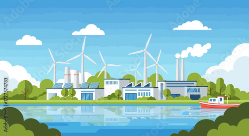 A scenic landscape featuring wind turbines and solar panels powering industrial buildings beside a calm river with a small boat