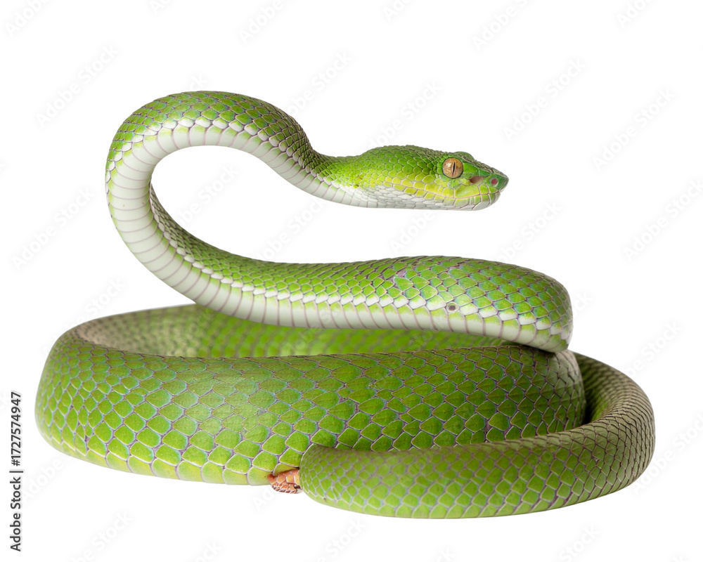 Obraz premium A Trimeresurus albolabris viper rearing up in a defensive striking pose, body in S-sh