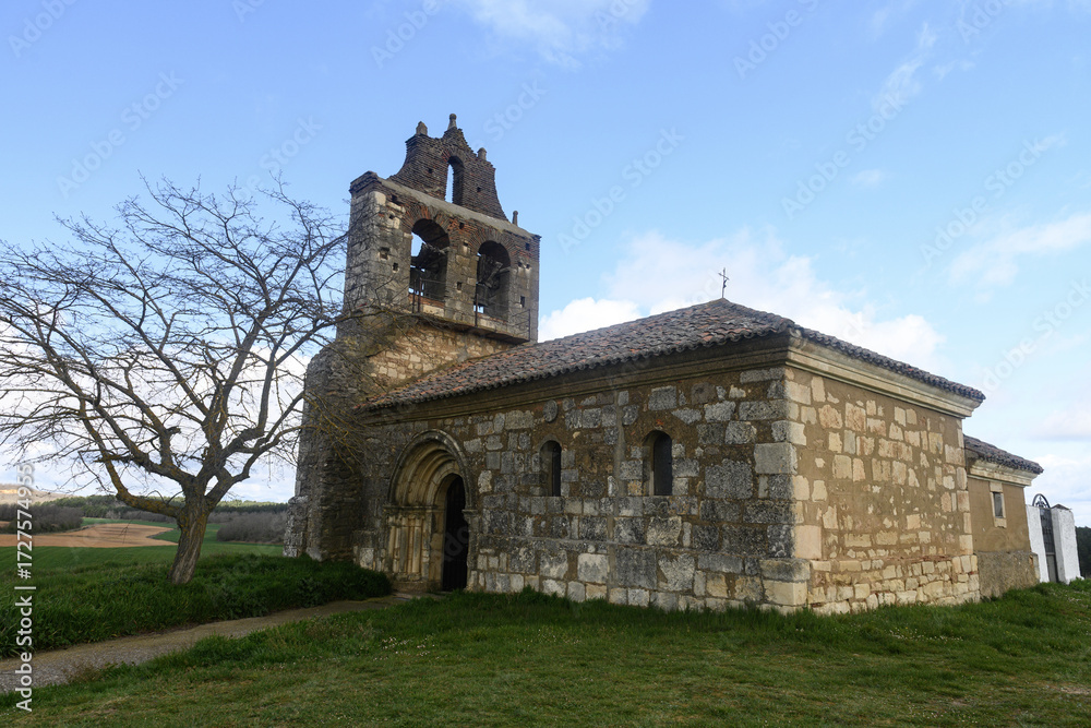 Fototapeta premium Church of San Tirso in Cembrero surrounded by fields and lone tree