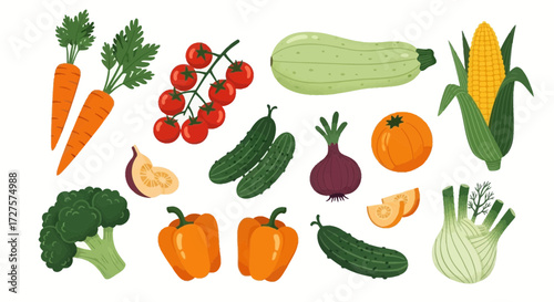 A vibrant collection of fresh vegetables, including carrots, tomatoes, cucumbers, zucchini, corn, onions, bell peppers, broccoli, and fennel, arranged artfully on a clean white background