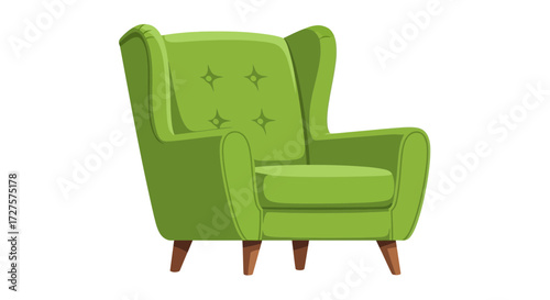 A stylish green wingback armchair, upholstered in a vibrant shade, featuring button tufting and wooden legs, isolated on a plain white background