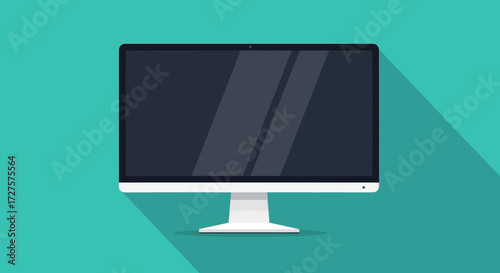 A modern flat design illustration of a sleek desktop computer monitor with a dark screen and a long shadow against a teal background