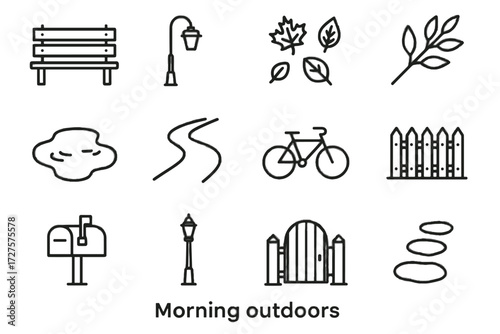 Streetlamp branch morning bicycle leaves vector park icon outdoors pathway puddle mailbox