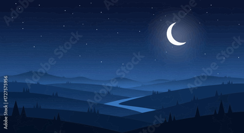 A serene pixel art landscape unfolds under a starry night sky, featuring a glowing crescent moon illuminating rolling hills and a winding river