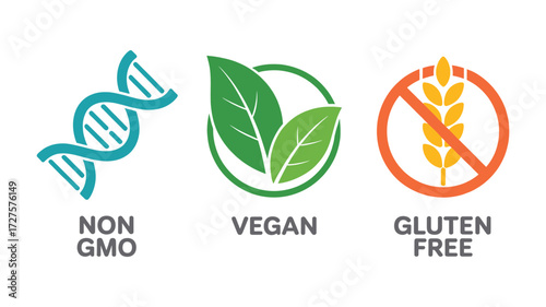 Non GMO vegan gluten free icons with text on white background vector