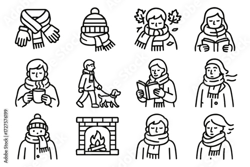 Cozy icons sipping hat dog paired outfit scarf reading bench layered vector