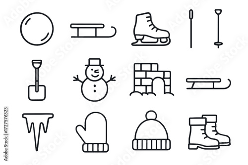 Icon ski gear icons snowman snow toboggan vector skate hat shovel ice