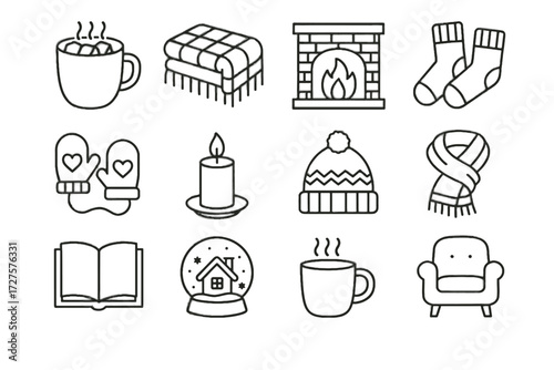 Blanket winter globe hat cozy fireplace icons vector socks chair mug icon