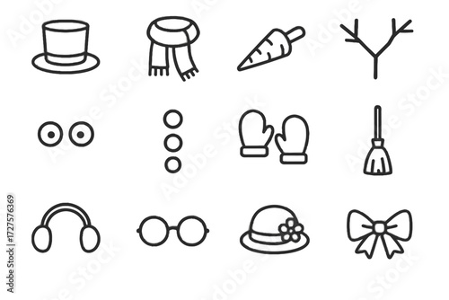 Nose icon mittens earmuffs hat carrot arms snowman eyes vector set stick