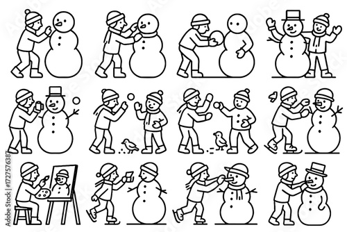 Birds building activity icons vector icon ice snowman posing hat snowball past