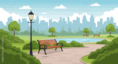 A serene park scene unfolds with a vintage lamppost and wooden bench inviting relaxation beside a tranquil pond, all set against a backdrop of a hazy city skyline under a bright, cloudy sky