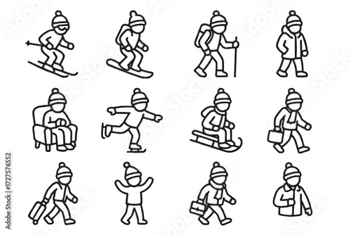 Winter skiing snowboarding icon casual skating vector walking travel hat icons cozy