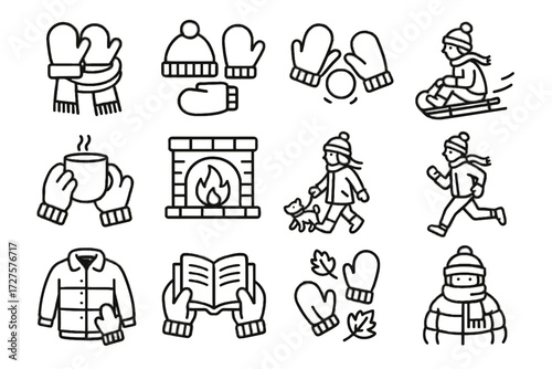 Vector fireplace winter icon run cozy paired layered dog leaves icons outfit