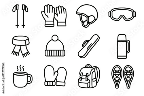 Goggles scarf vector snowshoes thermos icons icon accessories ski bag beanie helmet