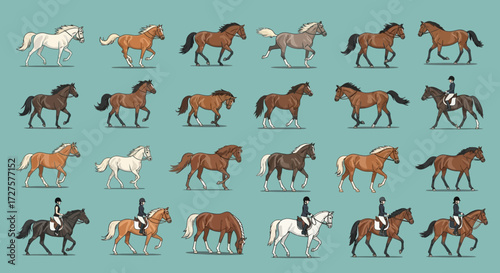 A diverse collection of horses and riders showcasing various breeds and gaits in a dynamic equestrian display