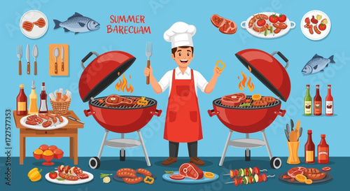 A cheerful chef prepares a delightful summer barbecue with grilled meats, fish, and fresh vegetables, accompanied by drinks and appetizers, creating a festive outdoor dining experience
