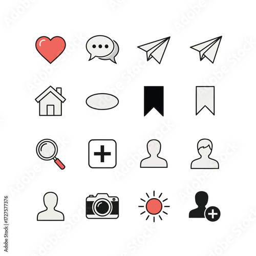 Vector art of social media icons showcasing common functions and interactions within online platforms and digital communication tools