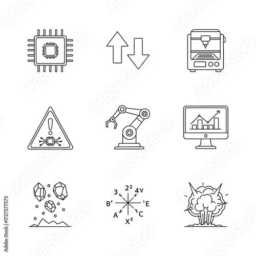 Vector art of technological icons representing various aspects of technology, industry, and scientific research and development processes