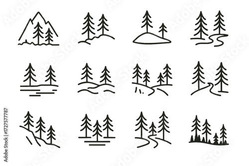 Ridge vector tree path pine riverbank trail forest clearing silhouette icon