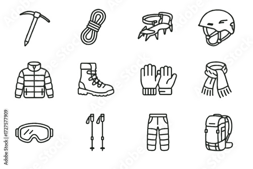 Rope jacket thermal backpack snowy goggles boots gear icon helmet vector trekking