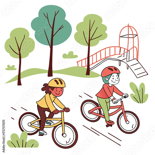 Two children riding bicycles in a park with a playground Keywords: children, kids, riding