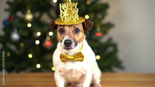 Adorable Jack Russell Terrier wearing a New Year's Eve hat and bowtie, ready to celebrate the holidays in front of a decorated Christmas tree