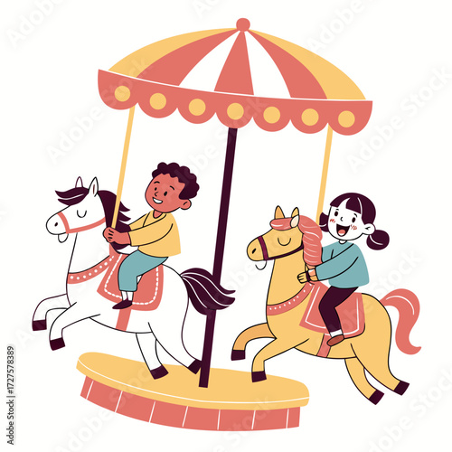Children riding carousel horses at a fairground Keywords: children, kids, carousel, horses