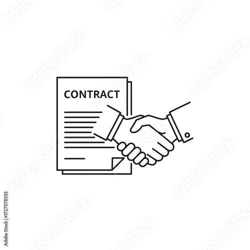 Vector art of contract agreement depicting a handshake over a legal document, symbolizing partnership, deal, and business collaboration