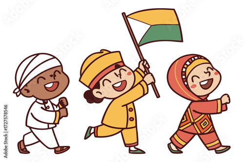 Children marching with a flag kids girl