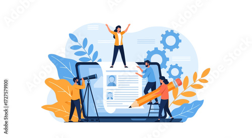 A diverse team of people collaborates on a project, using a giant pencil and telescope to analyze documents and achieve business success
