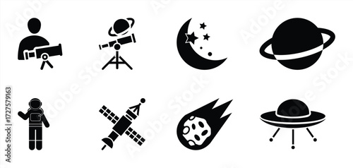 Astronomy and Space Icon Set – Telescope, Astronomer, Moon and Stars, Saturn Planet, Astronaut, Satellite, Meteor, and UFO in Black and White Silhouette Style