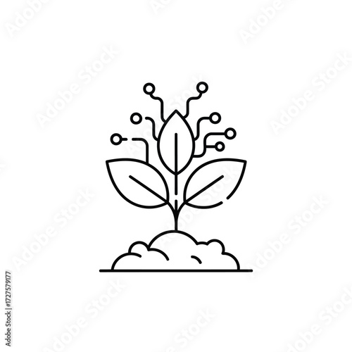 Vector art of a minimalist line art illustration of a plant with integrated technology, , representing the fusion of nature and innovation