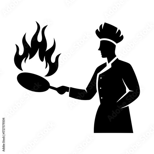 Silhouette of a chef cooking with flames rising from a frying pan held up