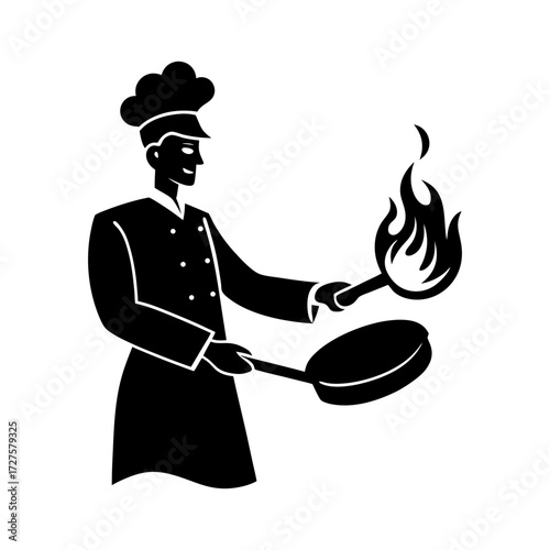 Chef cooking with a pan and fire in black and white silhouette image