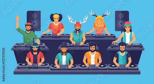 A diverse group of djs are seen performing at their turntables, creating a lively atmosphere with music and entertainment