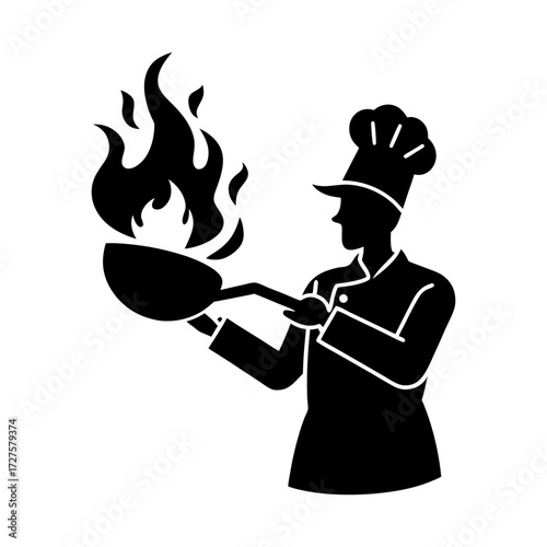Silhouette of a chef cooking with flames in a pan in black and white