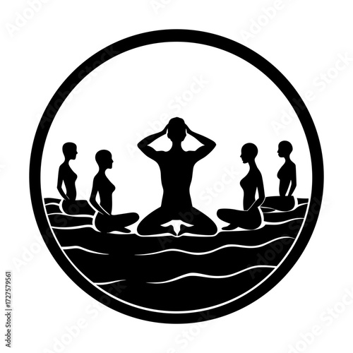 Silhouette of people meditating in lotus position inside a circle frame
