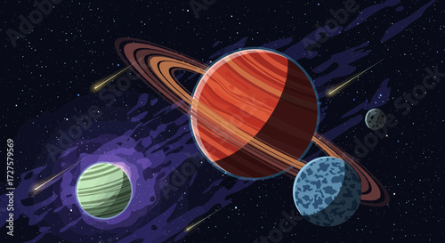 A vibrant illustration depicts a ringed gas giant planet with swirling purple nebula and distant celestial bodies in a starfilled cosmos