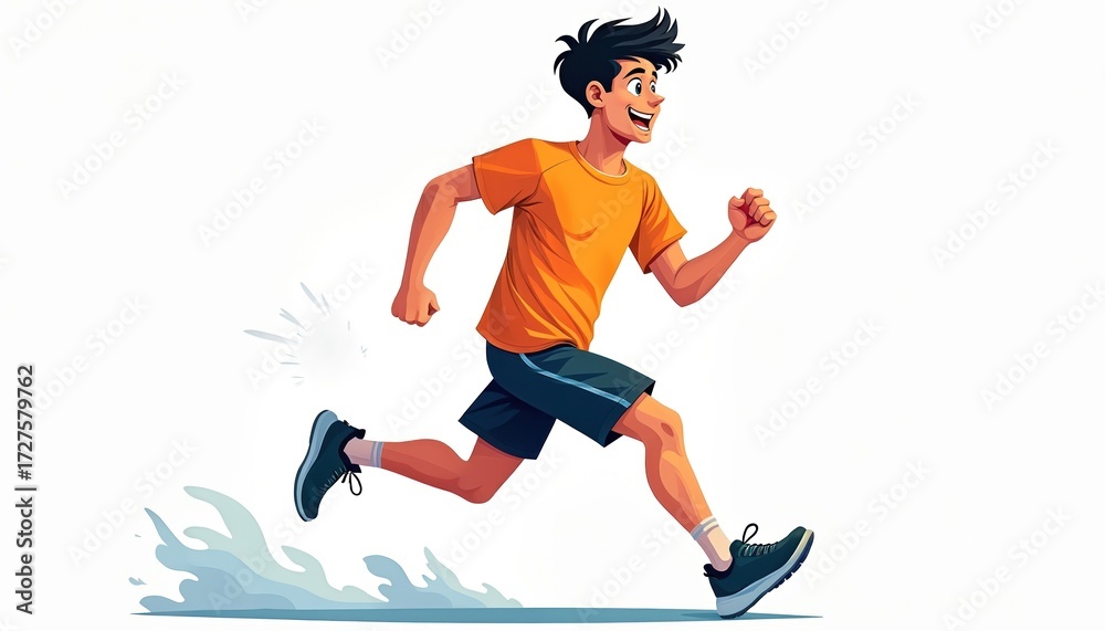 Obraz premium Young smiling man runs energetically. He wears orange t-shirt and dark shorts, moving fast across white background. Dynamic visual art conveys healthy active lifestyle and fitness goals.