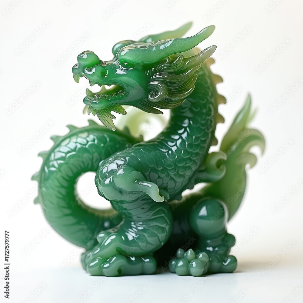 Obraz premium Green jade dragon figurine on white background. Intricate sculpture shows mythical beast coiled in traditional asian art style. Lucky charm.