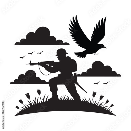 Soldier aiming rifle with bird flying overhead in a dramatic silhouette scene