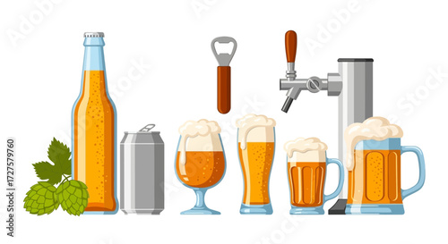 A refreshing collection of beer elements including a bottle, can, various glasses, and a tap, accented by fresh hops