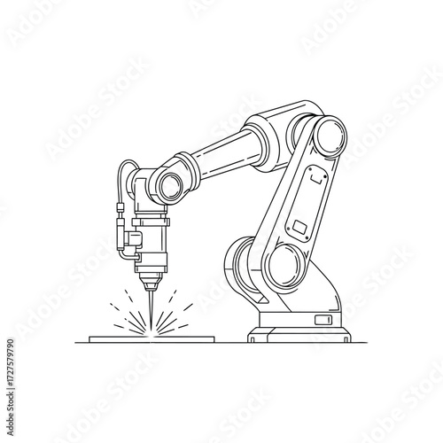 Illustration of an industrial robot arm welding a metal part, showcasing automation and precision in manufacturing processes