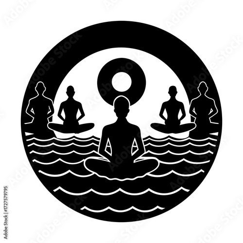 Five people meditating in lotus position on water with circle above them