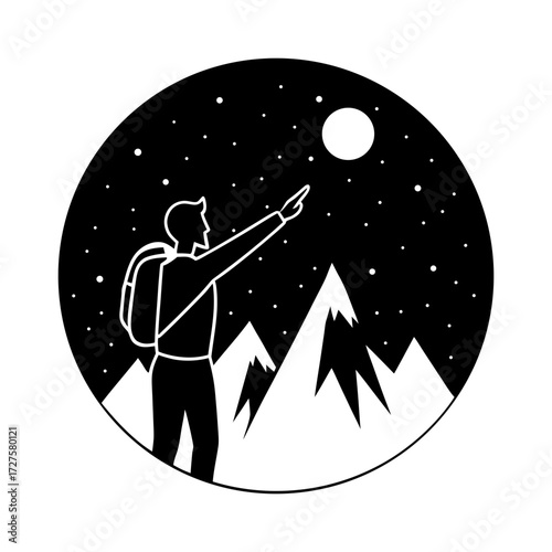 Silhouette of a hiker pointing at the moon with mountains and stars view