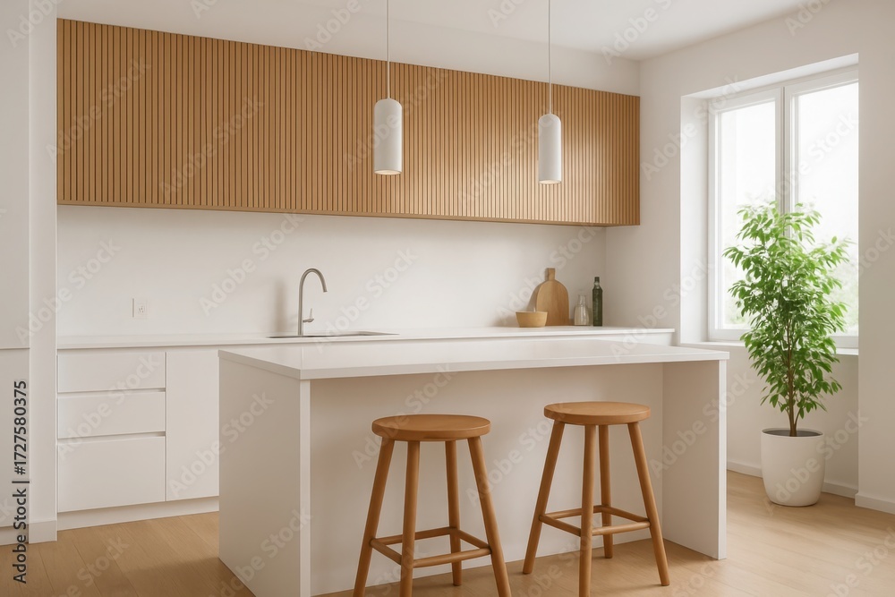 Fototapeta premium Modern kitchen island with bar stools and wood cabinetry natural light illustration