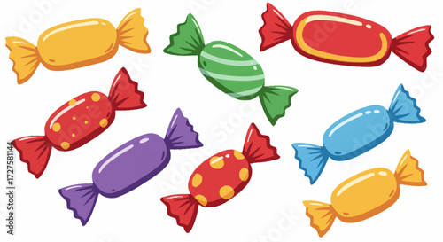 Colorful assortment of sweet candies, individually wrapped in vibrant papers with various patterns, creating a delightful and festive collection of sugary treats